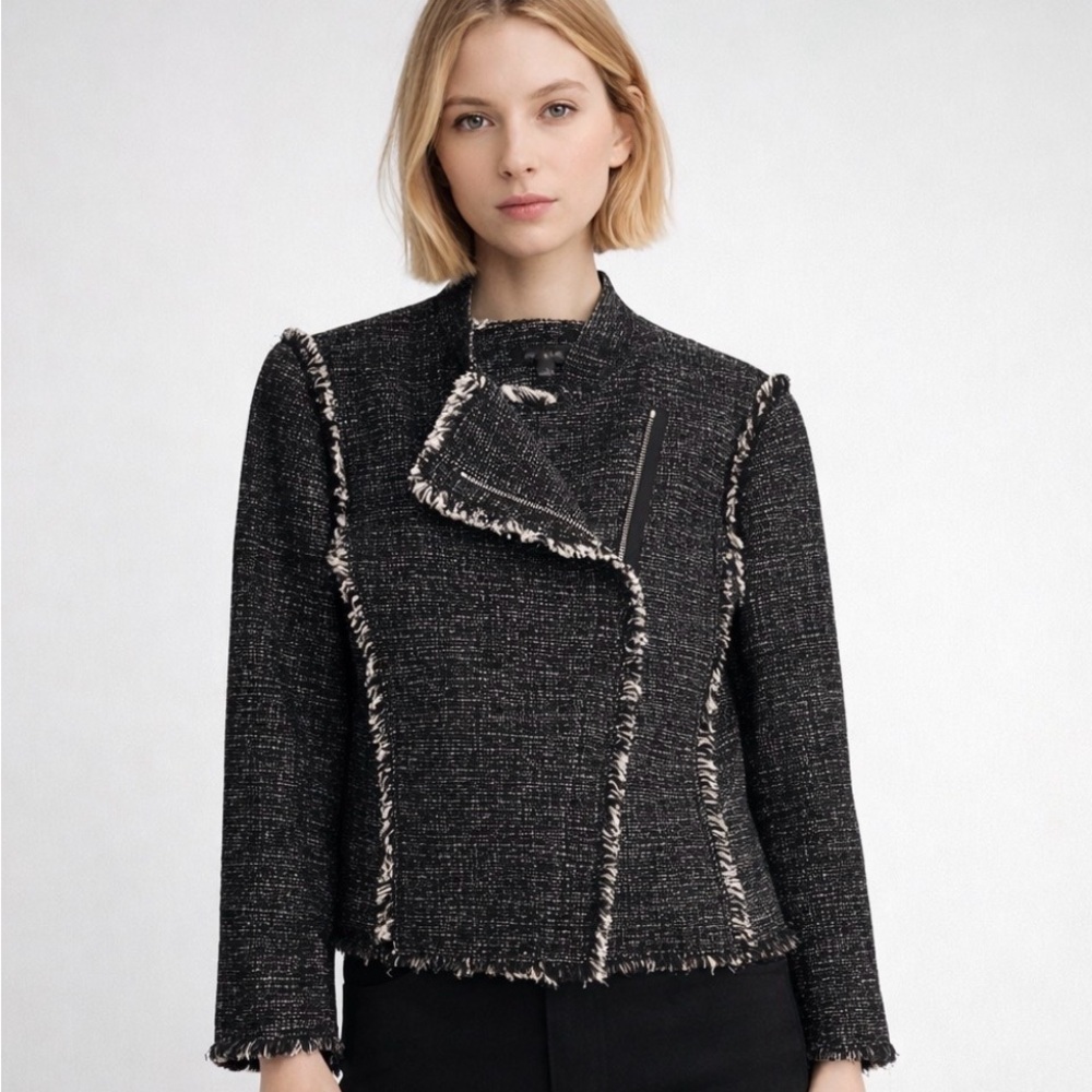 Ann Taylor Tweed Fringe Moto Style Jacket Black/White Career Casual Size Small